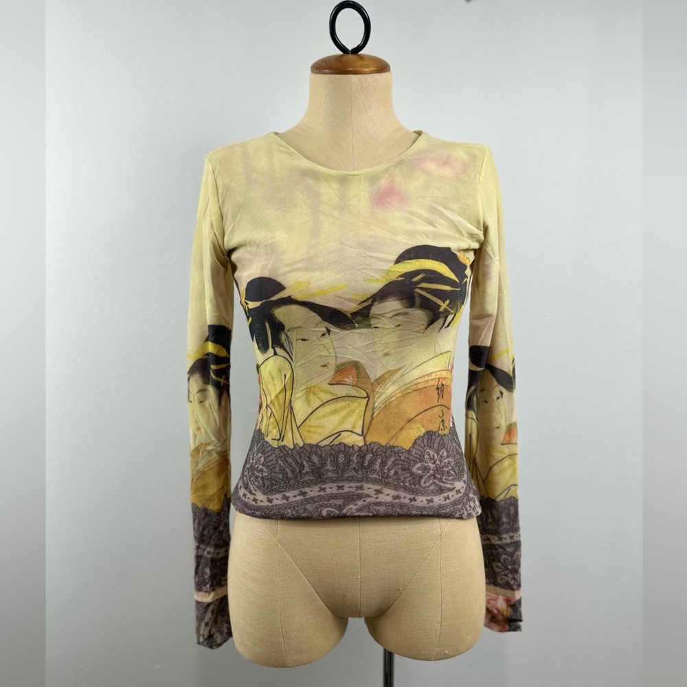 Vintage Japanese Geisha Girl Asian Mesh Top Reversible  Floral Long Sleeve